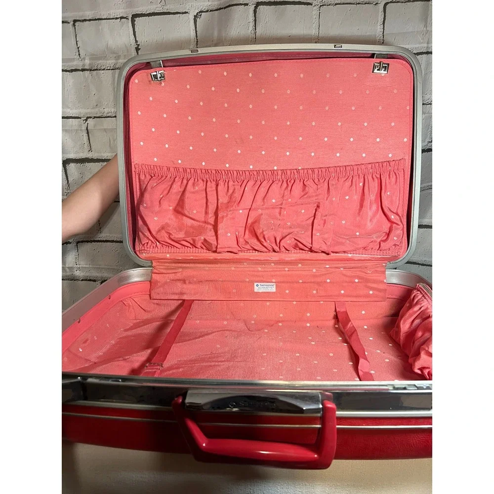 1960s Samsonite Silhouette Hardside Suitcase Wild Strawberry Polka Dot Lining